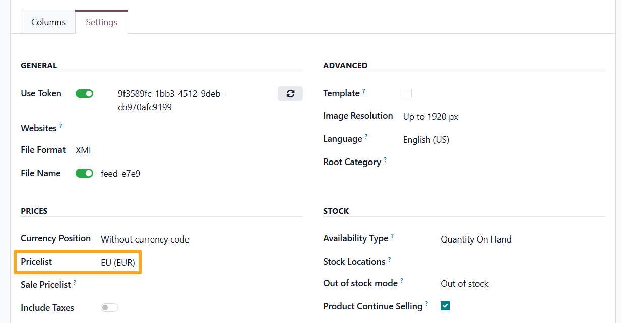 odoo sprzedajemy product data feed prices settings pricelist